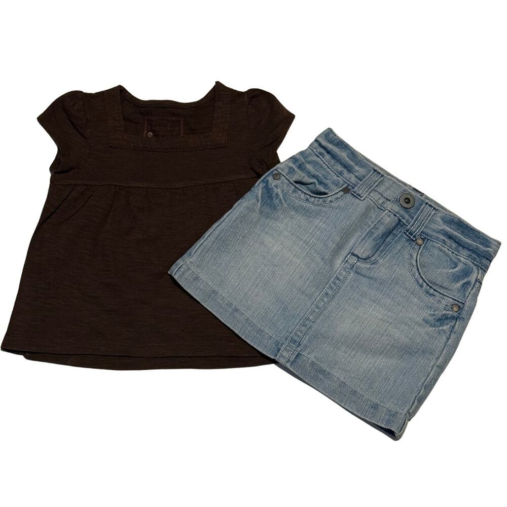 Girls 3T 2 Piece Cherokee Outfit Brown Top Light Wash Denim Skirt 100% Cotton